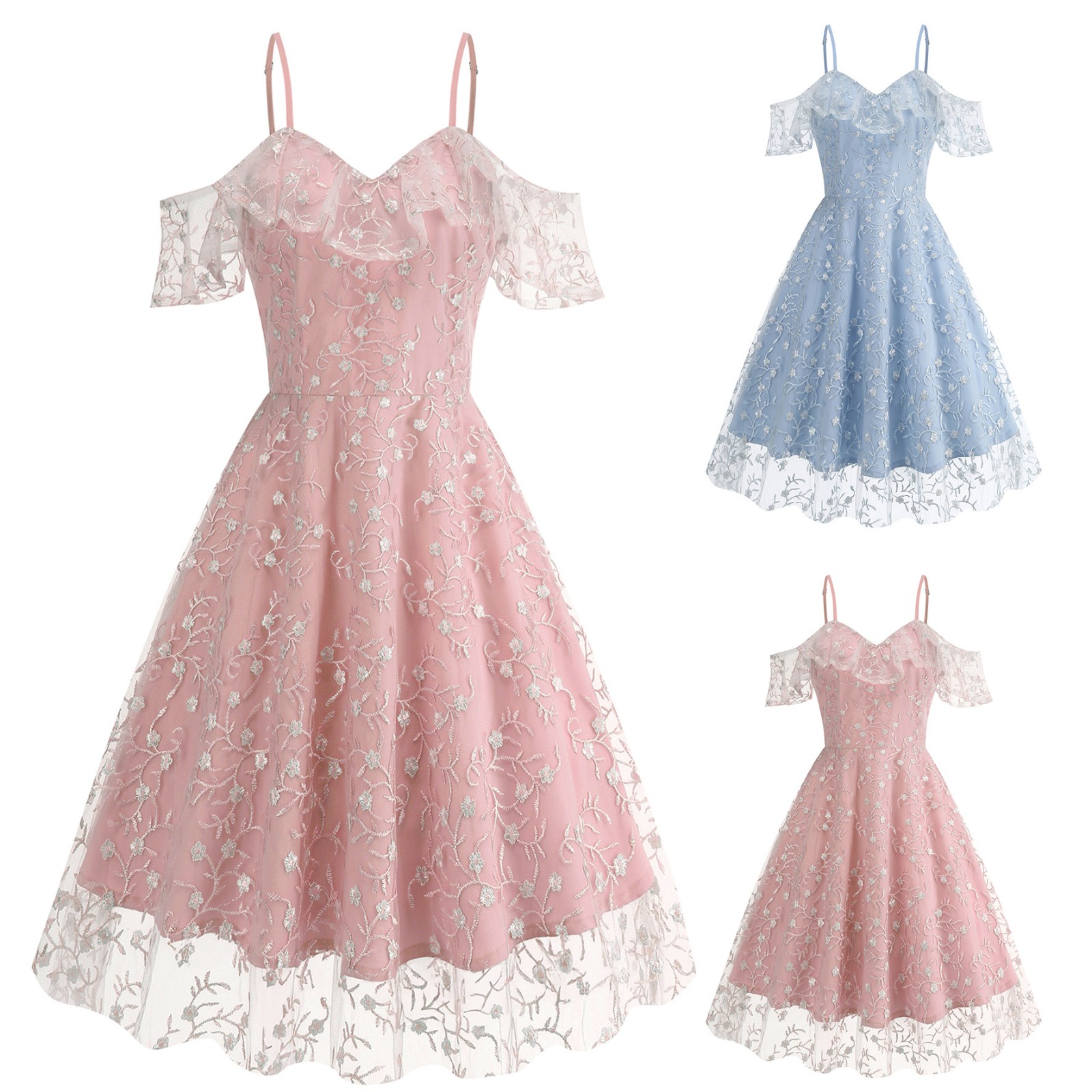 Summer Savings Clearance TOPUUTP Women Lace Off-The-Shoulder Sling Short Sleeves Cocktail Prom Ballgown Vintage Dress